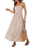 Caracilia Womens Maxi Dresses Gingham Spaghetti Strap Back Smocked Flowy Long Sundress Summer Beach Vacation Clothes 2026 Light Brown Plaid Medium