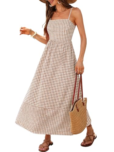 Caracilia Womens Maxi Dresses Gingham Spaghetti Strap Back Smocked Flowy Long Sundress Summer Beach Vacation Clothes 2026 Light Brown Plaid Medium