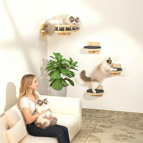 Image of XiaZ Cat Wall Shelves, Corner Cat Shelf with 3 Wide Perch Steps, Kitty Wall Climber Wooden Furniture up to 25lbs, Modern Floating Cats Stairs for Indoor Sleeping, Playing, Climbing