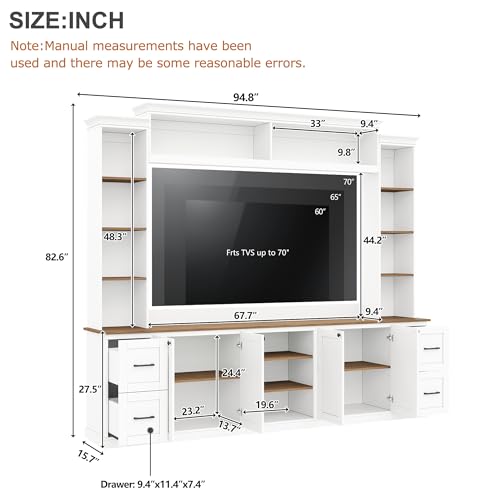 Image of 94.8 inchL Large Entertainment Center with Bookshelves and Drawers for TVs Up to 70'', Wall Unit Entertainment Center with Adjustable Shelves and Cabinet, Minimalist TV Stands for Living Room White