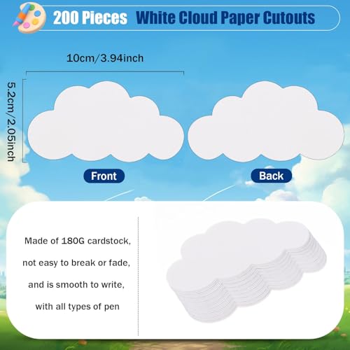 200 Pcs White Cloud Cutouts, 4 Inch Paper Cloud Shapes Die Cut, Double-Sided Classroom Decoration DIY Kids School Craft Projects, Party Wall Decorations, Ideal for Teachers, Parents