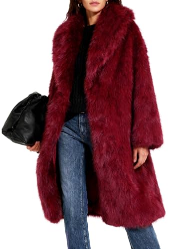 Flygo Womens Long Faux Fur Coats Winter Fluffy Open Front Luxury Overcoat Shaggy Lapel Long Sleeve Fuzzy Warm Cardigan Jacket(Red-L)