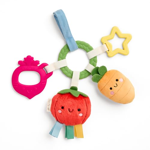 Image of Itzy Ritzy Teething Activity Toy - Bitzy Busy Ring Infant Teething Toy Features Braided Ring & Dangling Toys, Includes Teether, Ribbons, Crinkle Sound & Jingle Bell - 0 Months & Up (Veggie)