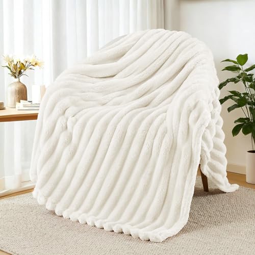 Exclusivo Mezcla Fleece Throw Blanket for Couch Super Soft Striped Jacquard Bed Blanket Lightweight Fuzzy Cozy for All Seasons 50x60 Inches Ivory