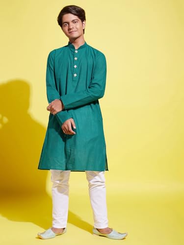 Image of VASTRAMAY boys VASTRAMAY YUVA Boys' Teal Green and White Pure Cotton Kurta Pyjama Set