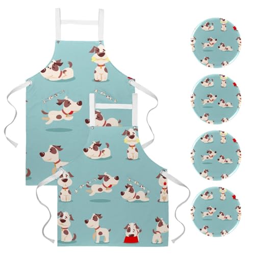 Lot de 2 tabliers de cuisine avec motif chiot et 4 broches pour bistrot