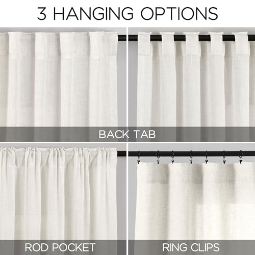 Image of Beige White Linen Curtains 90 Inch Long 2 Panels Set for Bedroom Living Room Beige White Soft Linen Textured Window Drapes Semi Sheer Light Filtering Rod Pocket Back Tab Farmhouse Curtain 52x90