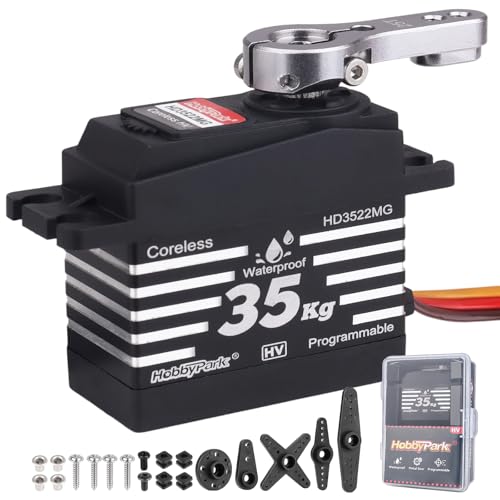 HobbyPark Waterproof 35KG High Torque Servo Motor Coreless Metal Gears Digital RC Steering Servo and 25T Servo Horn for 1/8 1/10 1/12 RC Crawler RC Trucks RC Cars Robots DIY 180° HV Fast, Powerful