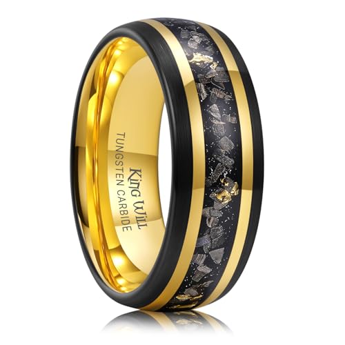 King Will 8mm Black Tungsten Wedding Band for Men Gold Line Plated with Meteorite & Foils Inlay Mens Wedding Rings Fashionable Matte Brushed Finish Domed Daily Wear Size 13