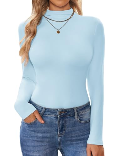 Turtleneck Tops for Women Long Sleeve Mock Neck Basic Shirts Thermal Layering Underwear Slim Fit Light Blue
