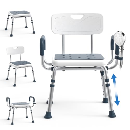 4-in-1 Shower Chair for Inside Shower, Fits for Elderly and Disabled - Anti-Scald Padded Arms, Enhance Non-Slip Feet, 6-Height Adjustable Shower Seats for Adults, Tool-Free Assembly, FSA/HSA Eligible