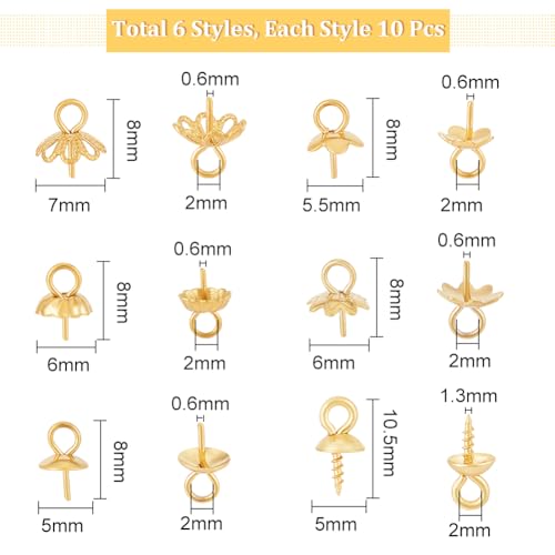 UNICRAFTALE 60 pcs 6 Style Stainless Steel Cups Pearl Peg Bails Pin Pendants Golden Flower Caps Eye Pin Bail Caps Screw Eye Pins Eye Screws for Half Drilled Bracelet Jewelry Making - Image 3