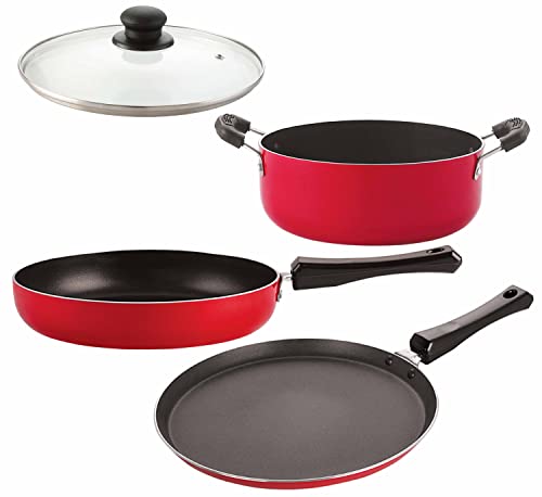 Image of Nirlon Non Stick Aluminium Kitchen Cookware Set with Bakelite Handle,-4 Pieces (Flat Tawa|Fry Pan|Casserole|1 Glass Lid)-32mm FT13 FP13 CS15 1GLID