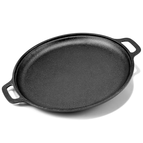 Gymdin 13.8 Inch Cast Iron Pizza Pan - Round Comal for Even Heating - Works on Oven, Grill & Campfire, Heavy-Duty Cast Iron Pizza Stone with Dual Handles