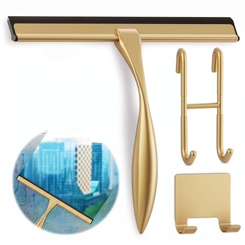 Image of Shower Door Squeegee with Hook - 12 inch Silicone Blade, Stainless Steel Gold Squeegee for Shower Glass with Adhesive Mount - All-Purpose Bathroom Tile, Mirror, & Window Wiper for Streak-Free Cleaning