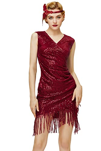 BABEYOND Damenkleid mit gerüschtem Wickelkleid – Pailletten, figurbetont, Cocktailkleid, Fransen, sexy Nachtclubwear für Party, rot, Groß