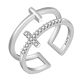 VILLCASE Anillo Abierto para Mujer Doble Cruz Decorado con Piedras Brillantes, Ajuste Regulable, Diseño en Color Platino, Joya Estética Adecuada para Obsequio y Uso Diario