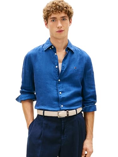 Tommy Hilfiger Men's Pigment Dyed Linen Regular Long Sleeve Shirts, Blue Jean X-Large