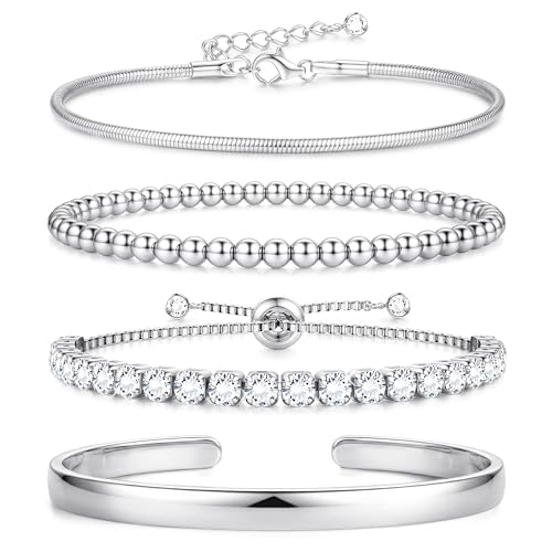 KALVICA 4 Pcs Non Tarnish Gold Bangle Bracelet for Women Girls, 14K Gold Plated Waterproof Tennis Bead Gold Cuff Bracelet Stack Dainty Silver Chain Bracelet Set Adjustable Ladies Jewellery Gift