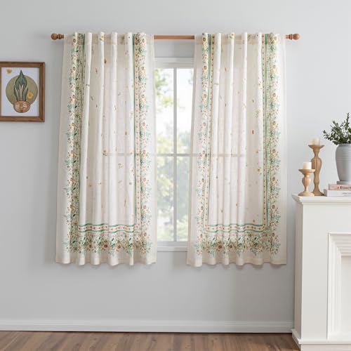 Image of MYSKY HOME Boho Floral Curtains 63 inch Linen Blend for Bedroom Kitchen Bohemian Style Farmhouse Flower Patterned Home Decor Light Filtering Back Tab Drapes, 50x63 Inch, Yellow and Blue, 2 Pcs