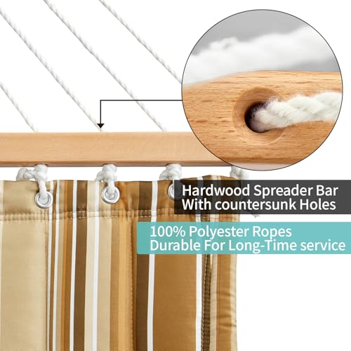 Image of Double Quilted Fabric Hammock with Hardwood Spreader Bars and Pillow 450 LBS Capacity 2 Person Large Hammock for Outdoor Patio Backyard Poolside - Brown Stripe