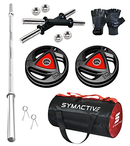 Amazon Brand - Symactive Professional Home Gym Set with Rubber Coated Metal Plates, Gloves, Hand Grip and Skipping Rope, 10 Kg, Combo2