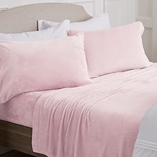 Velvet Plush Sheet and Pillowcase Set with Extra Deep Pockets | Extra Soft Micro Fleece Sheet Set | Ultra Plush and Cozy Warmth | Velvety Soft Heavyweight | Tribeca Collection (Queen, Light Pink)