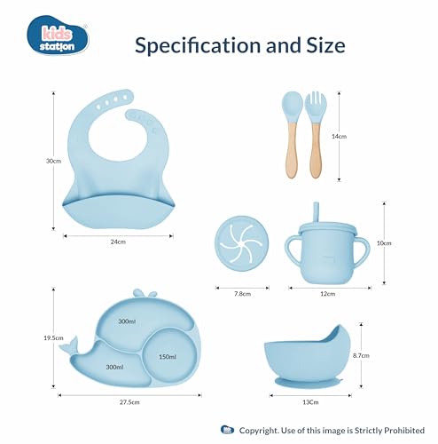 Image of Kids Station Whale Design 8-Piece Silicone Feeding Set for Babies | BPA-Free, Suction Bowl, Plate, Spoon, Fork, Bib, Cup & Straw - Dishwasher Safe | Ideal for Infants & Toddlers (Pack of 8, Blue)