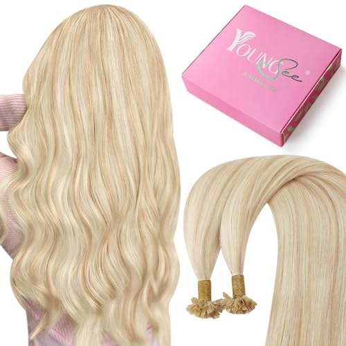 Image of YoungSee K Tip Hair Extensions Human Hair Blonde with Bleach Blonde Highlight Keratin Hair Extensions Highlight 18In 1G /S 50G