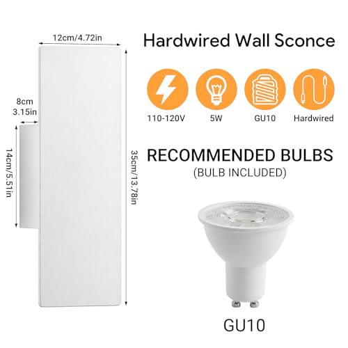 Image of Tipace Hardwired White Wall Sconces,3000K Modern Wall Lights Led Indoor Wall Wall Mount Light for Bedroom,Living Room, Hallway,GU10 Bulbs Included,2 Pack