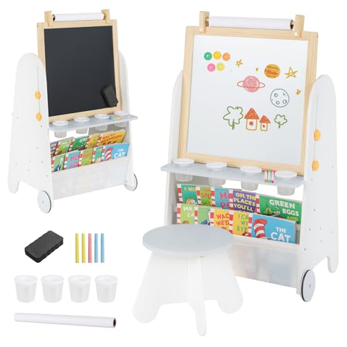 Mesa y silla de arte 4 en 1 para niños, juego de mesa de actividades de madera para niños pequeños con caballete de arte de doble cara, estanterías, rollo de papel, vasos de pintura, tizas, escri