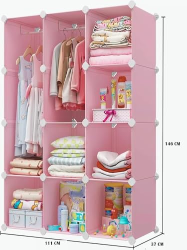Image of Mevigo Foldable Plastic Wardrobe for Clothes - 12- Door Baby Cupboard for Clothes Storage, Wardrobe for Kids, Plastic Almirah, Collapsible Wardrobe for Kids Livingroom & Home Pink-KTG1