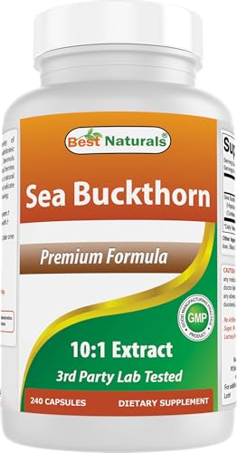 Best Naturals Sea Buckthorn Oil Powder Extract 10:1 500 mg 240 Capsules - Non-GMO Gluten Free - Contains Naturally Occuring Omega-7 Palmetoleic Acid