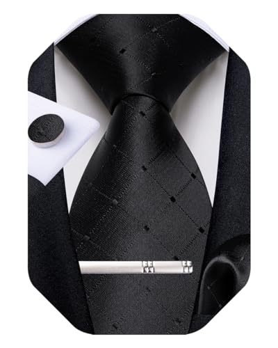 Image of DiBanGu Mens Tie Silk Plaid Striped Necktie and Pocket Square Cufflinks Tie Clip Set with Gift Box Formal Wedding Party