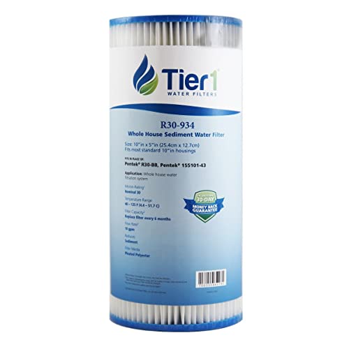 Tier1 30 Micron 10 Inch x 4.5 Inch | Pleated Polyester Whole House Sediment Water Filter Replacement Cartridge | Compatible with Pentek R30-BB, 155101-43, RS6, SPC-45-1030, Home Water Filter