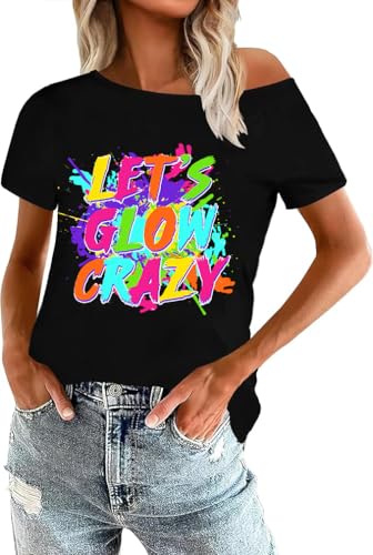 80s Shirts for Women Lets Glow Crazy Shirt Off The Shoulder Neon Top Vintage 90s 80s Themed Party Outfits