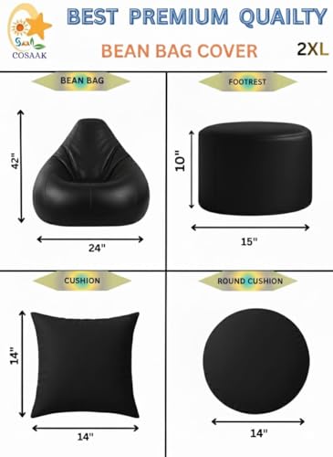 Image of 2XL Teardrop Bean Bag Cover & Chair Set with Footrest & Two Cushion, Faux Leather, Indoor Gaming and Lounging, Adult Size (Black, XXL, Solid)