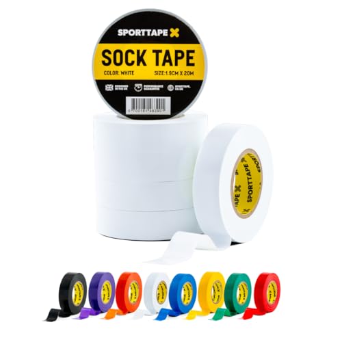 SPORTTAPE 6 Rolls Sock Tape - White - 1.9cm x 20m | PVC Insulating Tape for Football, Soccer & Rugby - Holds up Football Socks, Shin Pads & Shin Guards | Secures Lifting Blocks, Boots & Ears