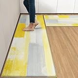 Arttown Gray Yellow Anti-Fatigue Kitchen Rug Set of 2 Office Contemporary Abstract Cushioned Floor Standing Mat Waterproof Non-Slip Kitchen Mat and PVC Ergonomic Comfort Foam Rug