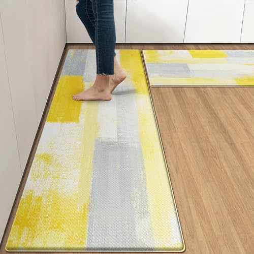 Arttown Gray Yellow Anti-Fatigue Kitchen Rug Set of 2 Office Contemporary Abstract Cushioned Floor Standing Mat Waterproof Non-Slip Kitchen Mat and PVC Ergonomic Comfort Foam Rug
