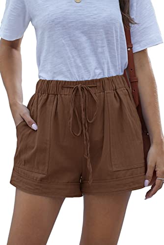 Womens Shorts Casual Summer Dressy Cotton Comfy Drawstring Elastic Waist Pocketed Lounge Pants(M, Brown542) #TOP24