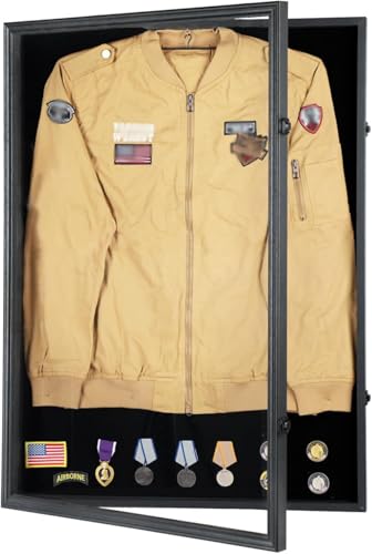 Sboitflmm Military Uniform Display Case - Police Uniform Display Case - Lockable Wall Mount Cabinet with UV Protection Acrylic Door for Military Uniform Jacket XXL Jersey Badage-Black