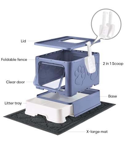 Image of Medario Cat Litter Box with X-Large Litter Mat and Scoop, Large Covered Litter Box with Lid, Enclosed Kitty Box,Front Top Entry Exit, Odor Control Easy to Clean (Upgrade Midnight)