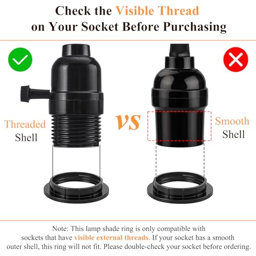 image for DiCUNO Lamp Shade Rings, E26 Light Socket Collar Ring, Black Threaded 