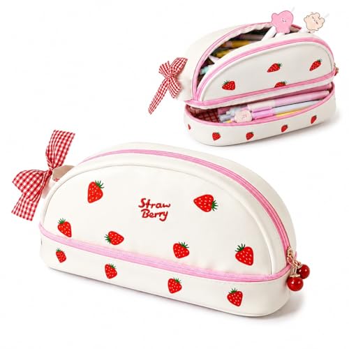 Image of Cute Kawaii Strawberry Pencil Case for Girls - Large Capacity Double Layer PU Leather Pencil Pouch & Stationery Organizer for Aesthetic School Supplies, Travel, Office & Gifts