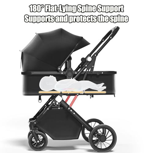 3in1 Aluminium Alloy Pram Baby Stroller, Lightweight Travel Pram for Newborn to Toddler, Adjustable Reclining Seat, Foldable Design, Storage Basket, 5-Point Harness & Sun Canopy, Lightweight Travel Baby Pram - Image 3