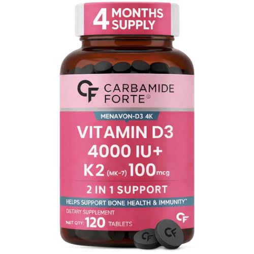Carbamide Forte Vitamin D3 4000IU + K2 100µg (MK7) | 1 Tablet-A-Day | 4 Month Supply | High Strength Vitamin D3 K2 Supplement for Bone & Heart Health|120 Tablets