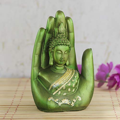 Image of eCraftIndia 'Palm Buddha' Handcrafted (Polyresin, 10 cm x 16 cm, Green and Golden, MSGB527 GR)
