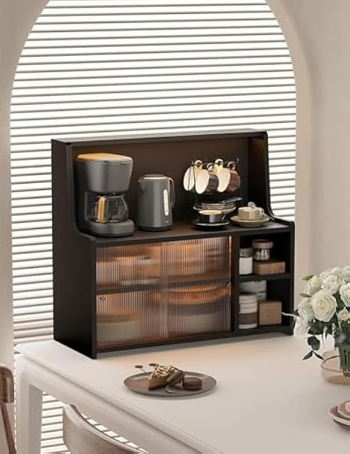 3 Tier Countertop Kitchen Pantry Storage Cabinet, Black Display with Acrylic Doors Freestanding Shelf for Coffee