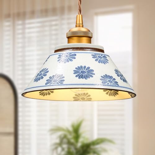 Vintage Blue and White Ceramic Pendant Light, 7in Hand-Painted Floral Porcelain Hanging Light...